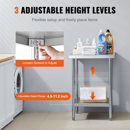Stainless Steel Prep Table, 24 x 24 x 34 Inch, Heavy Duty Metal Worktable with 3 Adjustable Height Levels, Commercial Workstation for Kitchen Garage Restaurant Backyard - Image 5