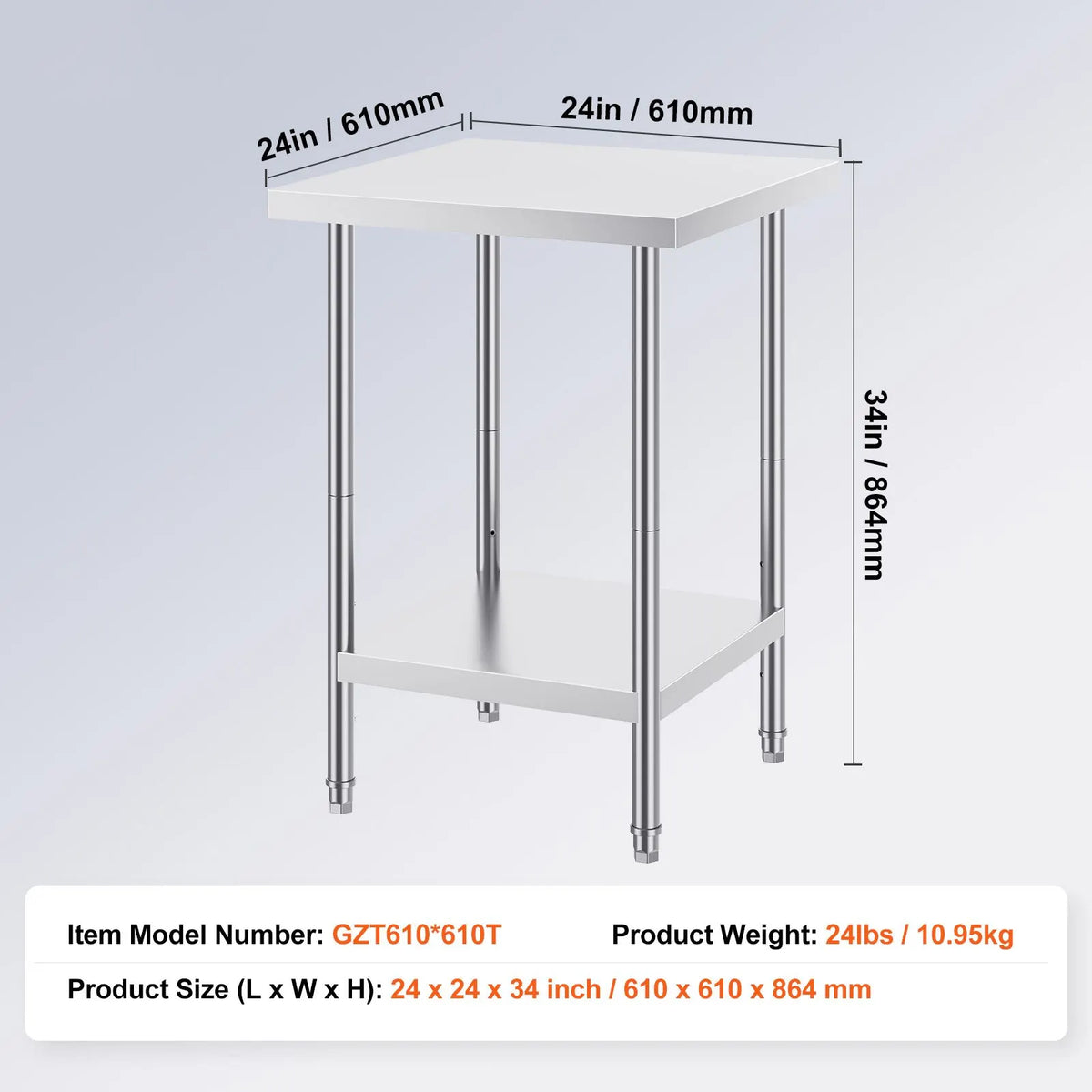 Stainless Steel Prep Table, 24 x 24 x 34 Inch, Heavy Duty Metal Worktable with 3 Adjustable Height Levels, Commercial Workstation for Kitchen Garage Restaurant Backyard - Image 7