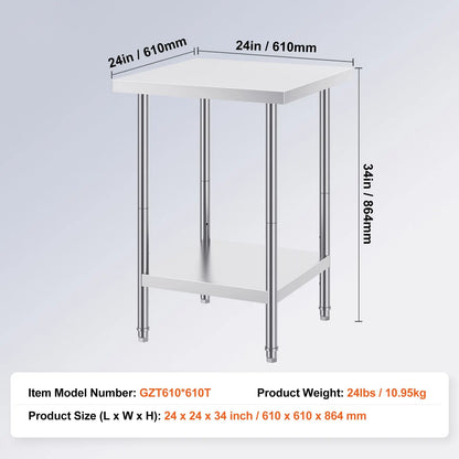 Stainless Steel Prep Table, 24 x 24 x 34 Inch, Heavy Duty Metal Worktable with 3 Adjustable Height Levels, Commercial Workstation for Kitchen Garage Restaurant Backyard - Image 7