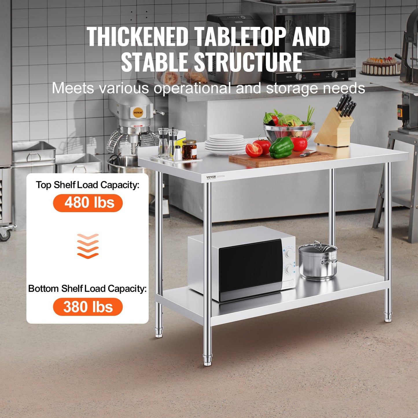 24 x 48 x 36 Inch Stainless Steel Work Table, Commercial Food Prep Worktable Heavy Duty Prep Worktable, Metal Work Table with Adjustable Height for Restaurant, Home and Hotel - Image 3