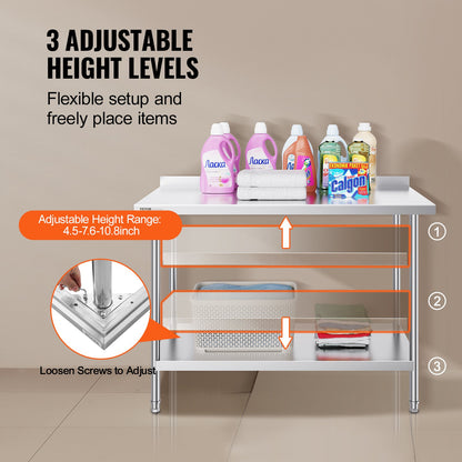 24 x 48 x 36 Inch Stainless Steel Work Table, Commercial Food Prep Worktable Heavy Duty Prep Worktable, Metal Work Table with Adjustable Height for Restaurant, Home and Hotel - Image 5