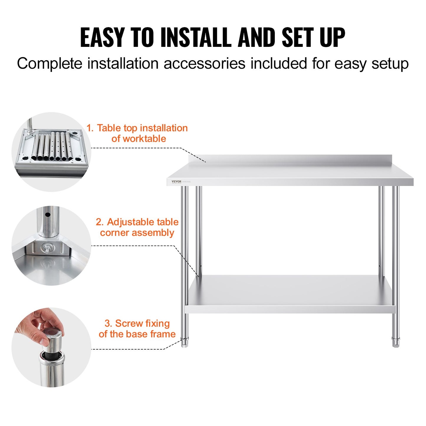 24 x 48 x 36 Inch Stainless Steel Work Table, Commercial Food Prep Worktable Heavy Duty Prep Worktable, Metal Work Table with Adjustable Height for Restaurant, Home and Hotel - Image 6