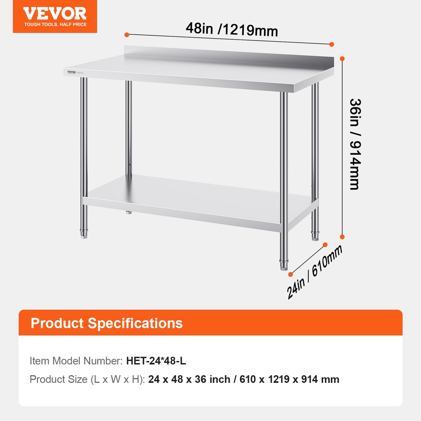 24 x 48 x 36 Inch Stainless Steel Work Table, Commercial Food Prep Worktable Heavy Duty Prep Worktable, Metal Work Table with Adjustable Height for Restaurant, Home and Hotel - Image 7