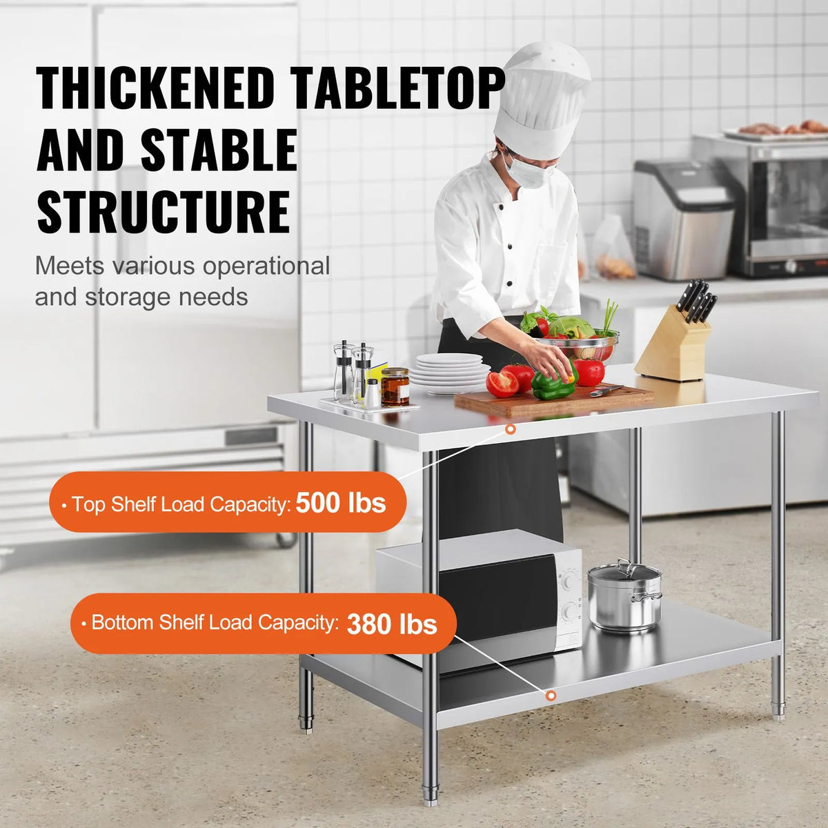 Stainless Steel Prep Table, 30 x 48 x 34 Inch, Heavy Duty Metal Worktable with 3 Adjustable Height Levels, Commercial Workstation for Kitchen Garage Restaurant Backyard - Image 3