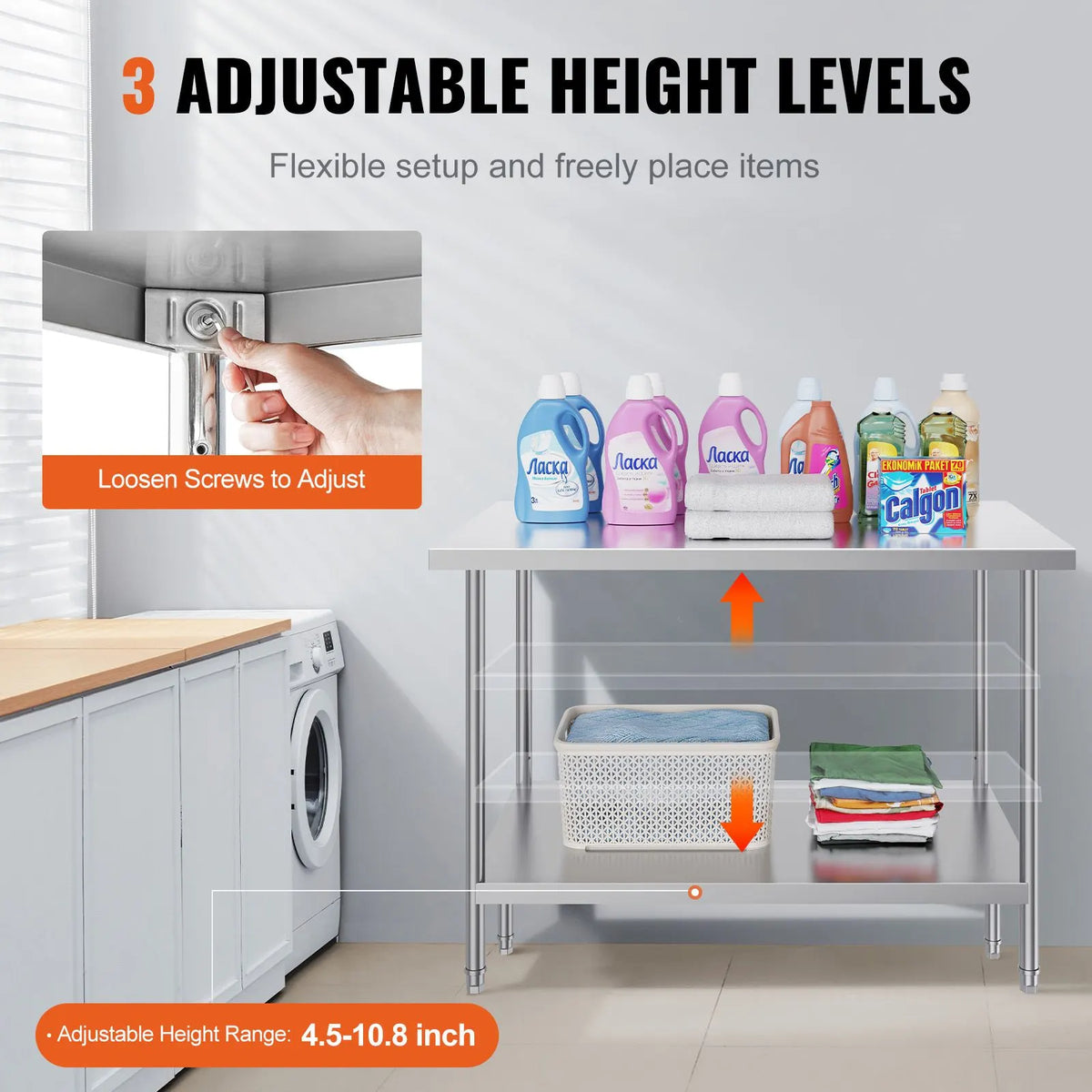 Stainless Steel Prep Table, 30 x 48 x 34 Inch, Heavy Duty Metal Worktable with 3 Adjustable Height Levels, Commercial Workstation for Kitchen Garage Restaurant Backyard - Image 5