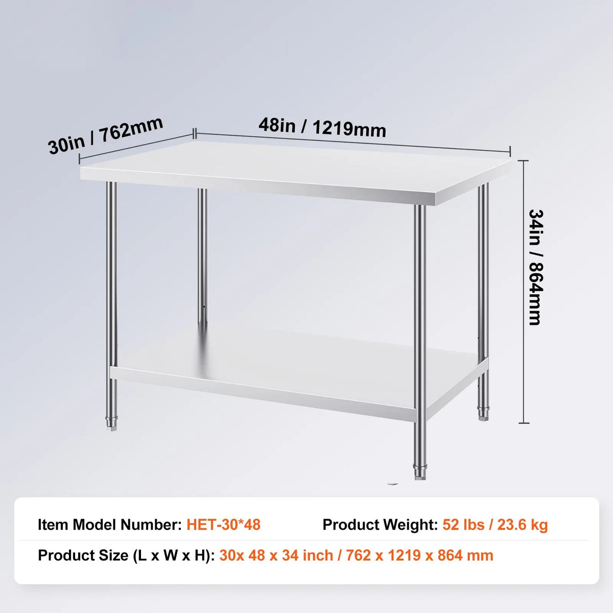 Stainless Steel Prep Table, 30 x 48 x 34 Inch, Heavy Duty Metal Worktable with 3 Adjustable Height Levels, Commercial Workstation for Kitchen Garage Restaurant Backyard - Image 7