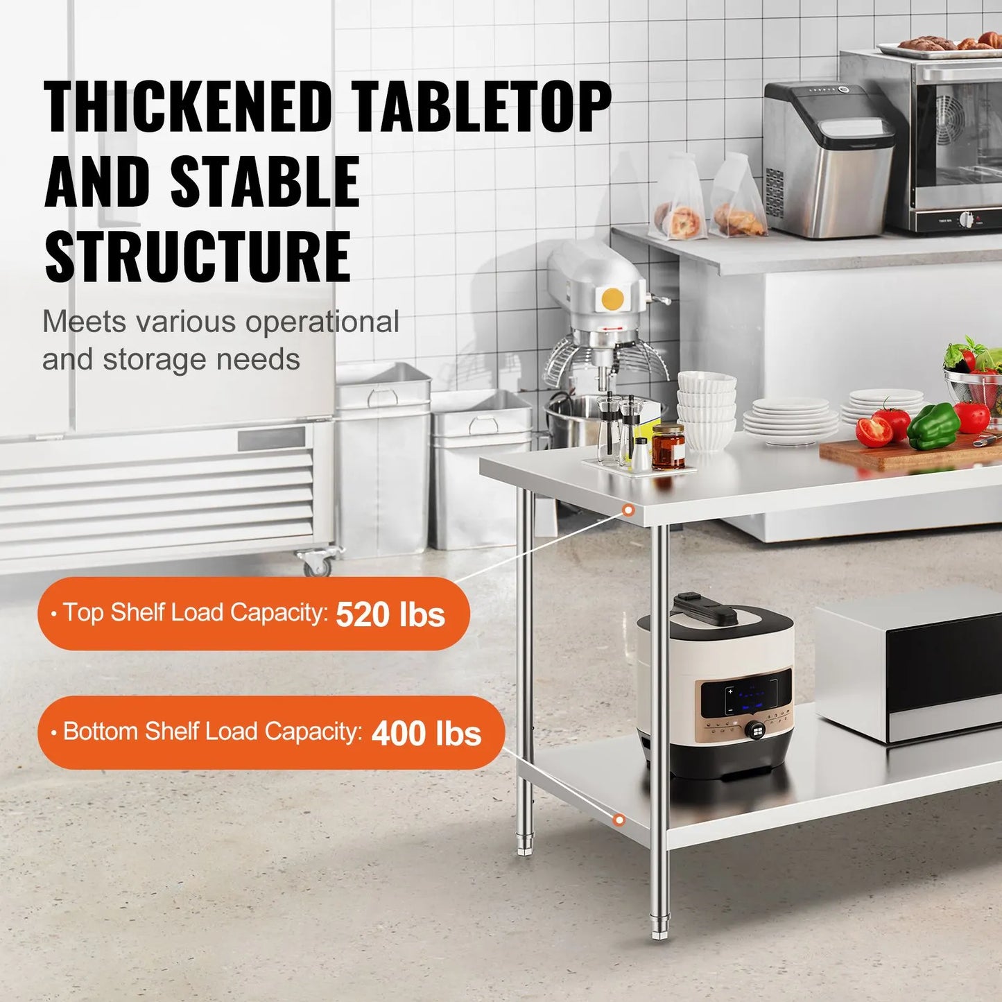 Stainless Steel Prep Table, 30 x 72 x 34 Inch, Heavy Duty Metal Worktable with 3 Adjustable Height Levels, Commercial Workstation for Kitchen Garage Restaurant Backyard - Image 3