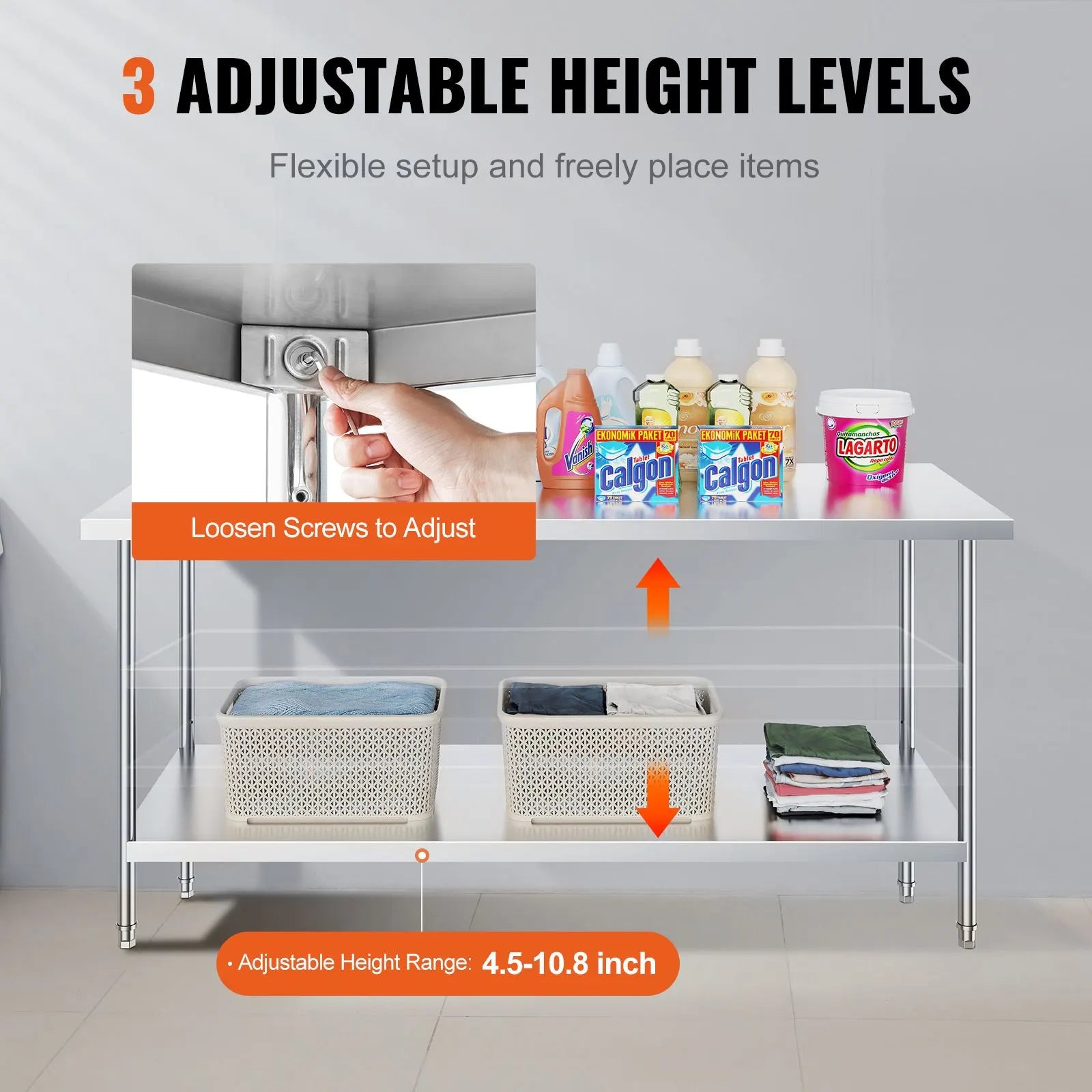 Stainless Steel Prep Table, 30 x 72 x 34 Inch, Heavy Duty Metal Worktable with 3 Adjustable Height Levels, Commercial Workstation for Kitchen Garage Restaurant Backyard - Image 5