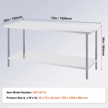 Stainless Steel Prep Table, 30 x 72 x 34 Inch, Heavy Duty Metal Worktable with 3 Adjustable Height Levels, Commercial Workstation for Kitchen Garage Restaurant Backyard - Image 7