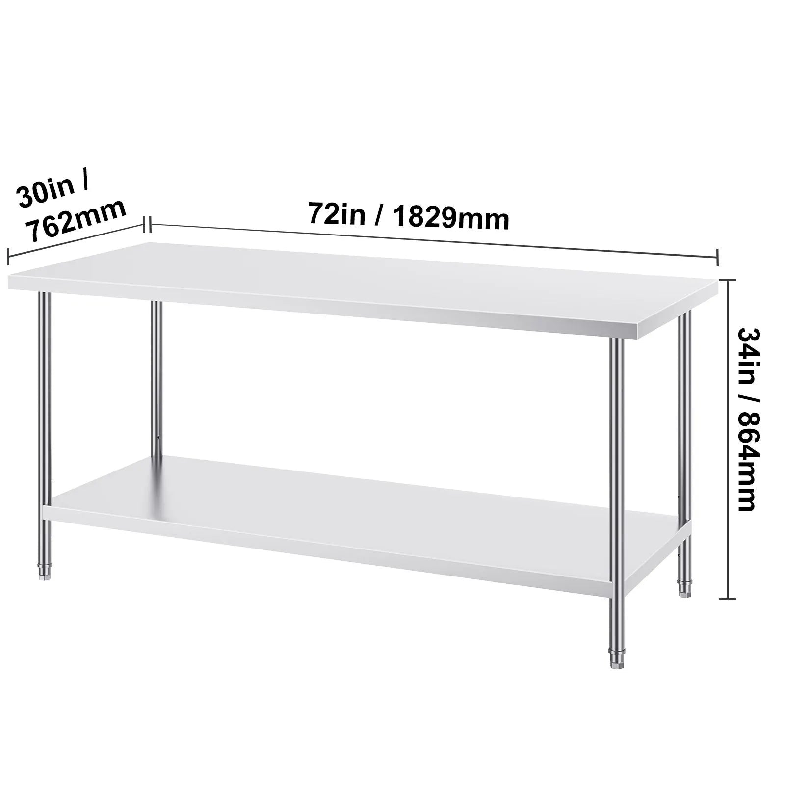Stainless Steel Prep Table, 30 x 72 x 34 Inch, Heavy Duty Metal Worktable with 3 Adjustable Height Levels, Commercial Workstation for Kitchen Garage Restaurant Backyard - Image 8
