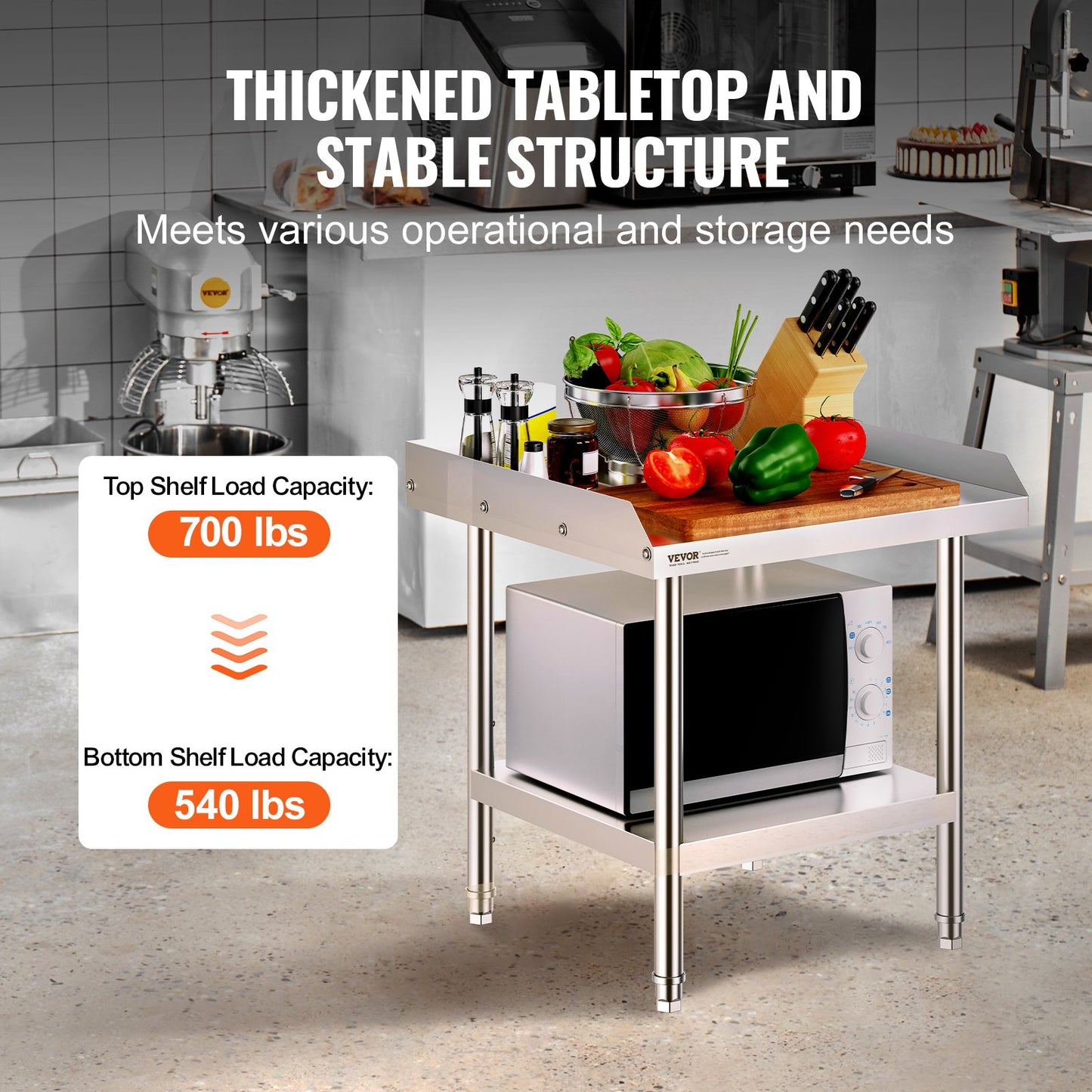 Stainless Steel Work Table, 24 x 24 x 26 Inch Commercial Food Prep Worktable, 3-Sided Backsplash Heavy Duty Prep Worktable, Metal Work Table with Adjustable Height for Restaurant Home Hotel - Image 3