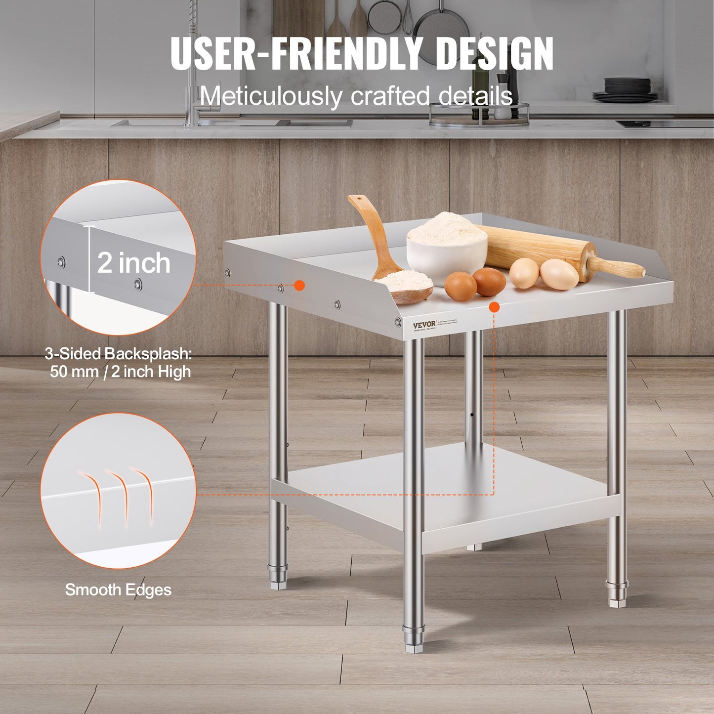Stainless Steel Work Table, 24 x 24 x 26 Inch Commercial Food Prep Worktable, 3-Sided Backsplash Heavy Duty Prep Worktable, Metal Work Table with Adjustable Height for Restaurant Home Hotel - Image 4