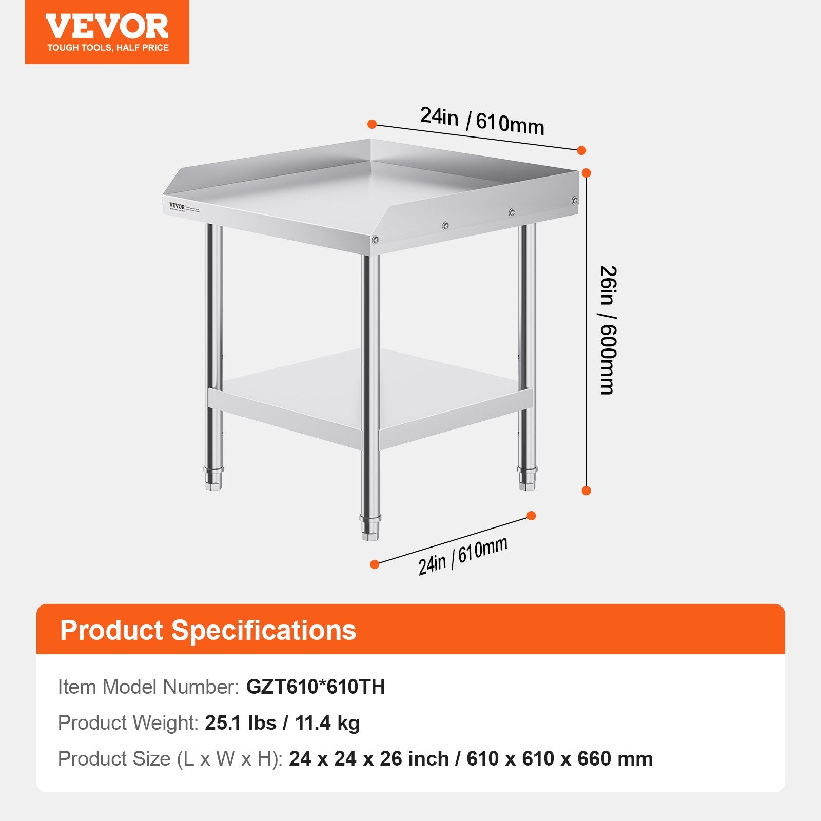 Stainless Steel Work Table, 24 x 24 x 26 Inch Commercial Food Prep Worktable, 3-Sided Backsplash Heavy Duty Prep Worktable, Metal Work Table with Adjustable Height for Restaurant Home Hotel - Image 7