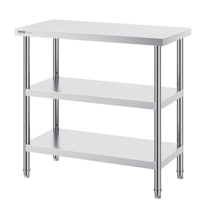 Stainless Steel Food Prep Table, 18 x 36 x 34 Inch Commercial Kitchen Worktable, with 2 Adjustable Undershelf, Heavy Duty Prep Table Metal Work Table for BBQ, Kitchen, Home, and Garage