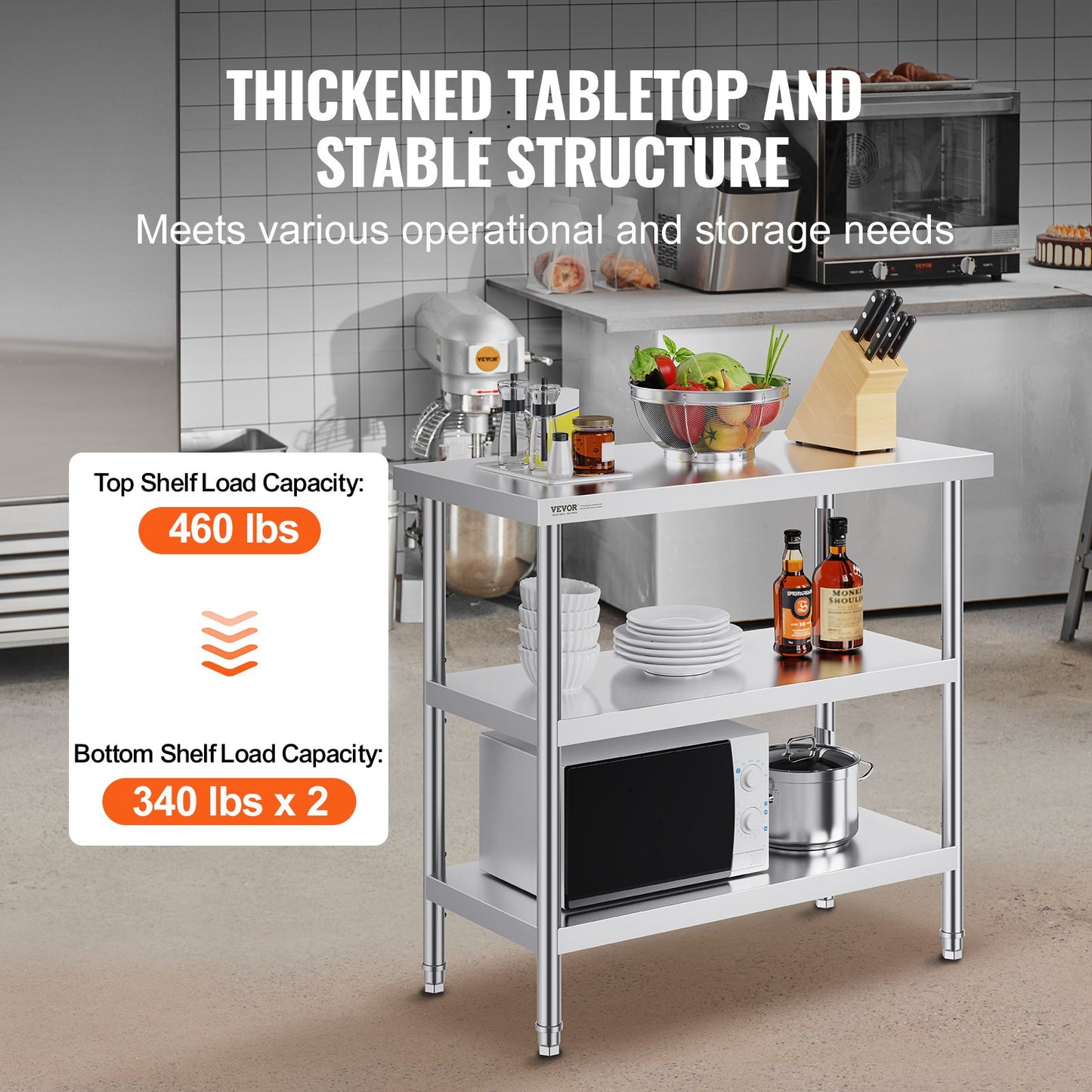 Stainless Steel Food Prep Table, 18 x 36 x 34 Inch Commercial Kitchen Worktable, with 2 Adjustable Undershelf, Heavy Duty Prep Table Metal Work Table for BBQ, Kitchen, Home, and Garage - Image 3