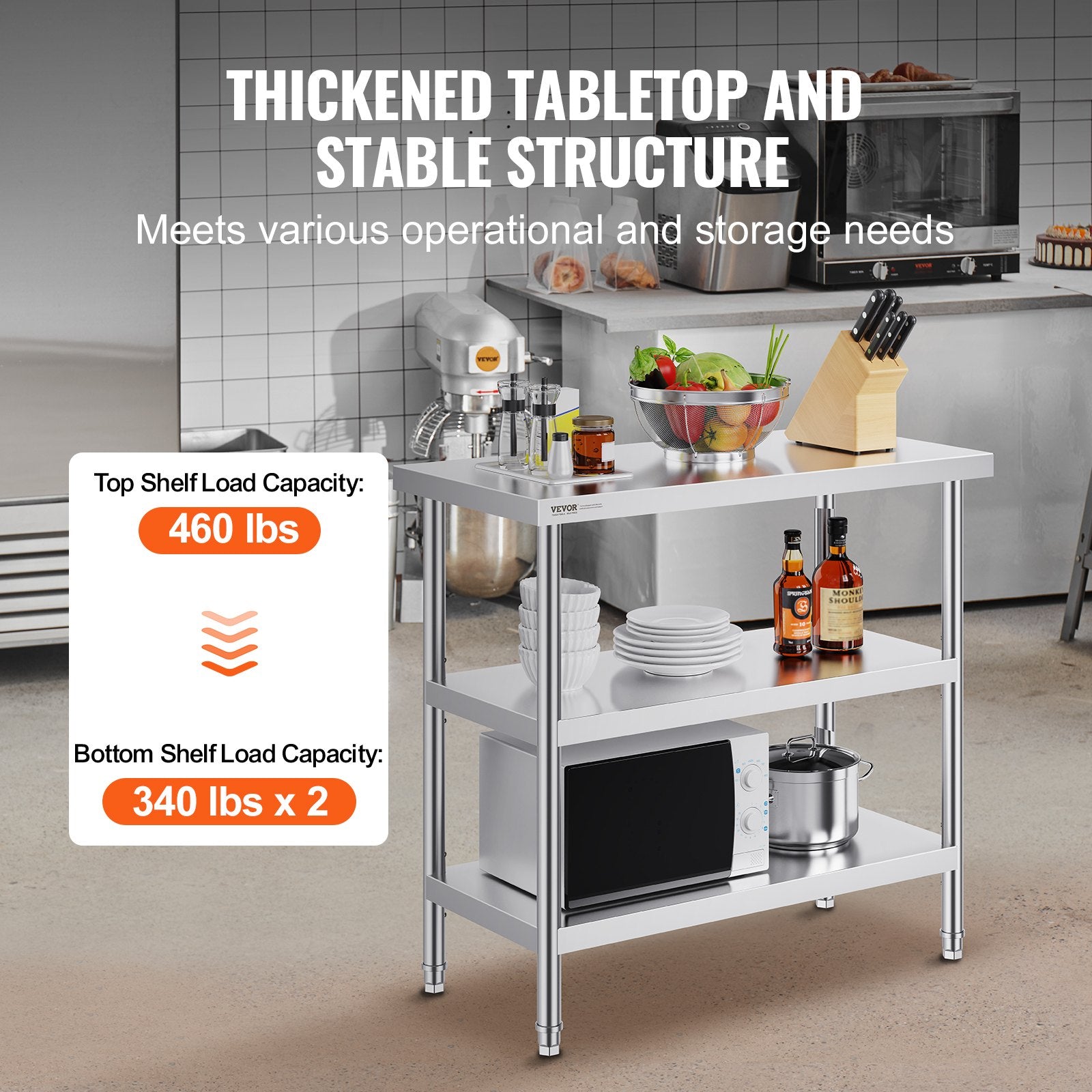 Stainless Steel Food Prep Table, 18 x 36 x 34 Inch Commercial Kitchen Worktable, with 2 Adjustable Undershelf, Heavy Duty Prep Table Metal Work Table for BBQ, Kitchen, Home, and Garage - Image 3