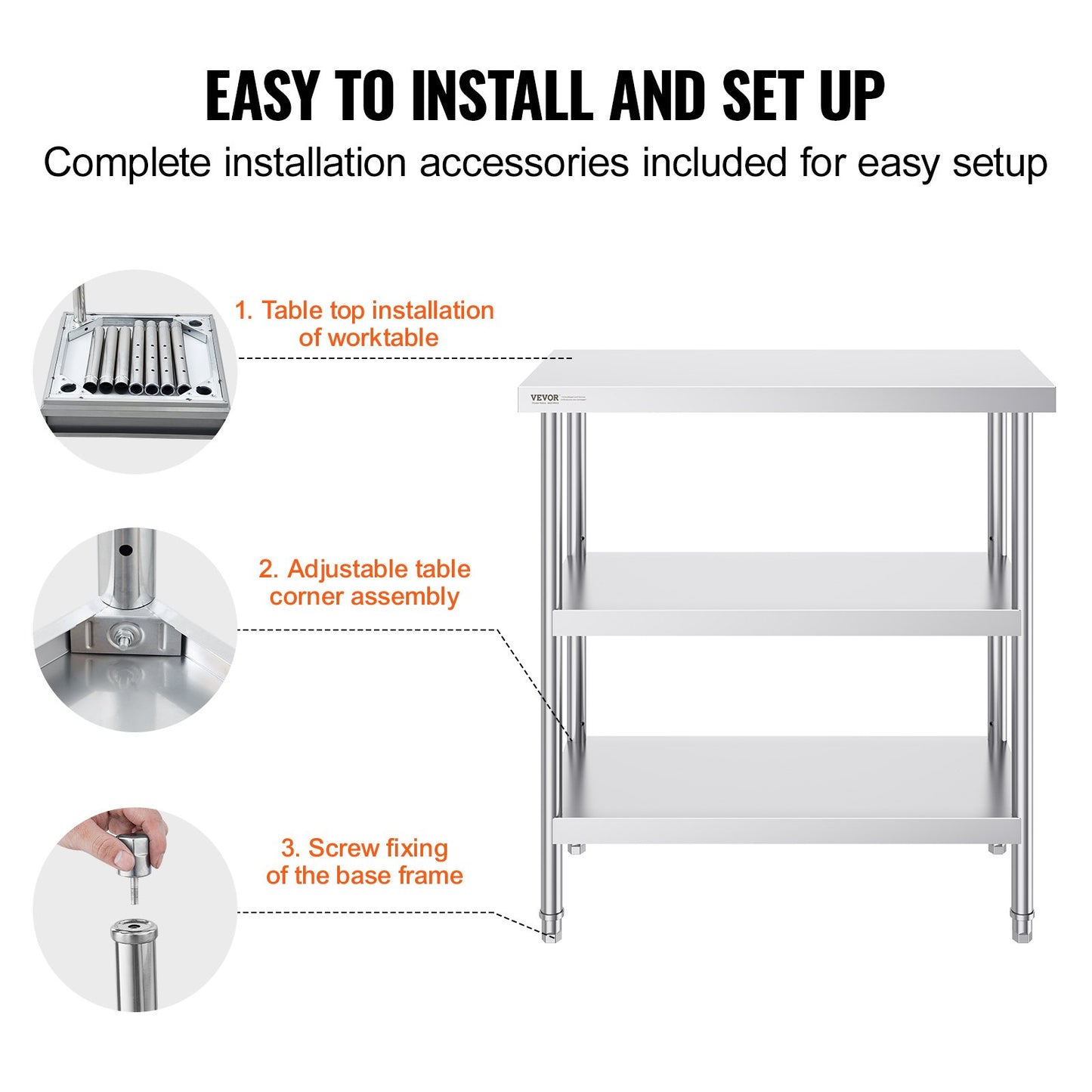 Stainless Steel Food Prep Table, 18 x 36 x 34 Inch Commercial Kitchen Worktable, with 2 Adjustable Undershelf, Heavy Duty Prep Table Metal Work Table for BBQ, Kitchen, Home, and Garage - Image 6
