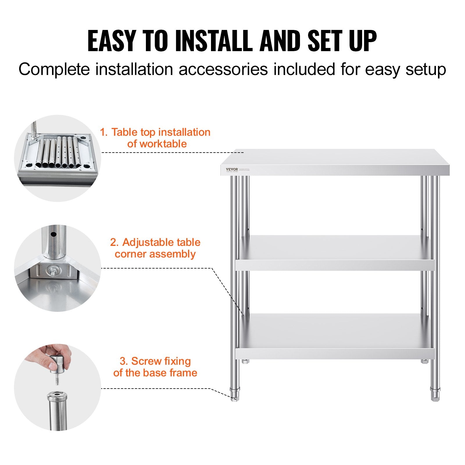 Stainless Steel Food Prep Table, 18 x 36 x 34 Inch Commercial Kitchen Worktable, with 2 Adjustable Undershelf, Heavy Duty Prep Table Metal Work Table for BBQ, Kitchen, Home, and Garage - Image 6