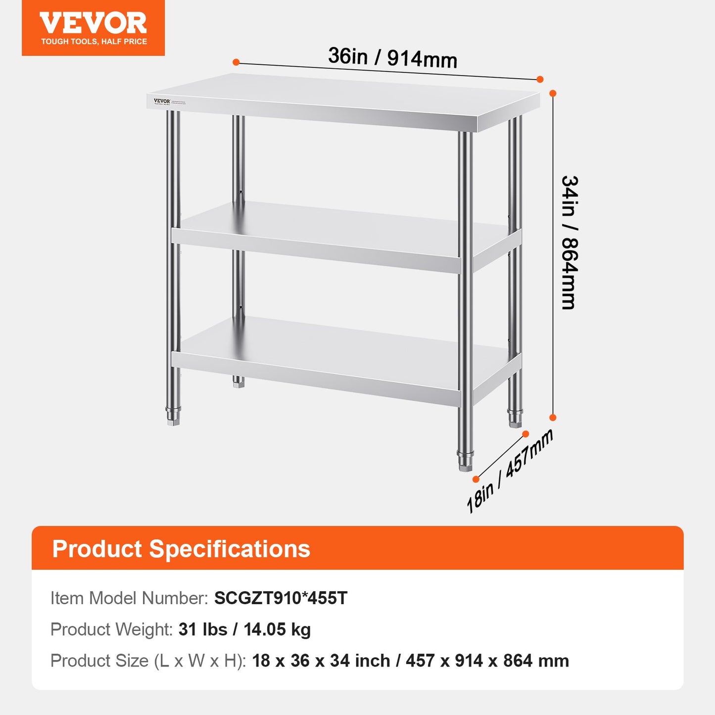 Stainless Steel Food Prep Table, 18 x 36 x 34 Inch Commercial Kitchen Worktable, with 2 Adjustable Undershelf, Heavy Duty Prep Table Metal Work Table for BBQ, Kitchen, Home, and Garage - Image 7