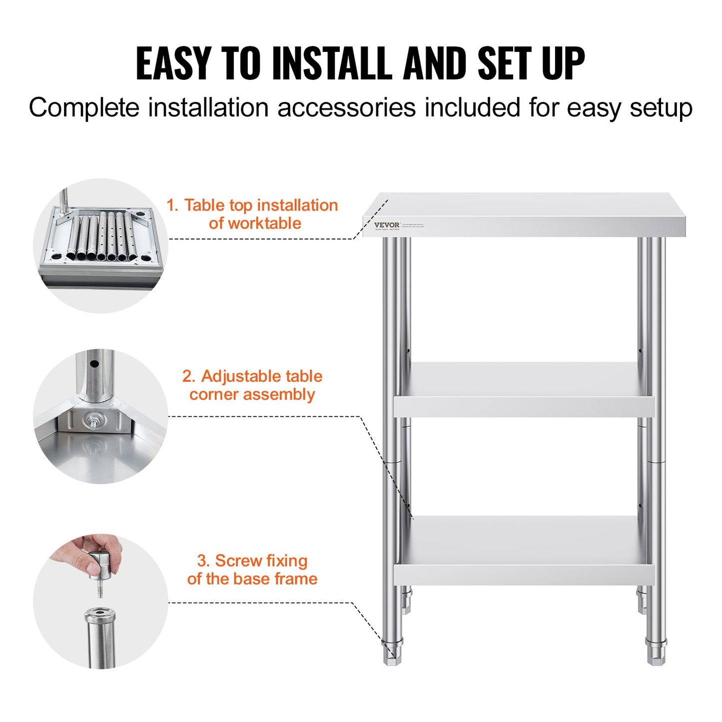 Stainless Steel Food Prep Table, 14 x 24 x 34 Inch Commercial Kitchen Worktable, with 2 Adjustable Undershelf, Heavy Duty Prep Table Metal Work Table for BBQ, Kitchen, Home, and Garage - Image 6