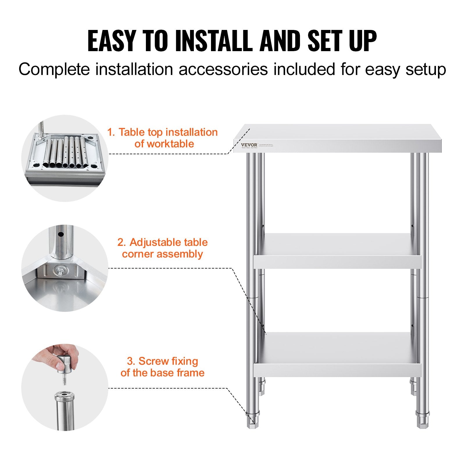 Stainless Steel Food Prep Table, 14 x 24 x 34 Inch Commercial Kitchen Worktable, with 2 Adjustable Undershelf, Heavy Duty Prep Table Metal Work Table for BBQ, Kitchen, Home, and Garage - Image 6