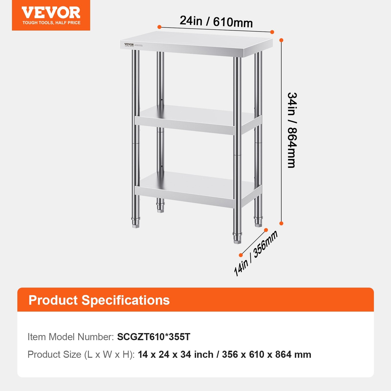 Stainless Steel Food Prep Table, 14 x 24 x 34 Inch Commercial Kitchen Worktable, with 2 Adjustable Undershelf, Heavy Duty Prep Table Metal Work Table for BBQ, Kitchen, Home, and Garage - Image 7