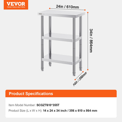 Stainless Steel Food Prep Table, 14 x 24 x 34 Inch Commercial Kitchen Worktable, with 2 Adjustable Undershelf, Heavy Duty Prep Table Metal Work Table for BBQ, Kitchen, Home, and Garage - Image 7