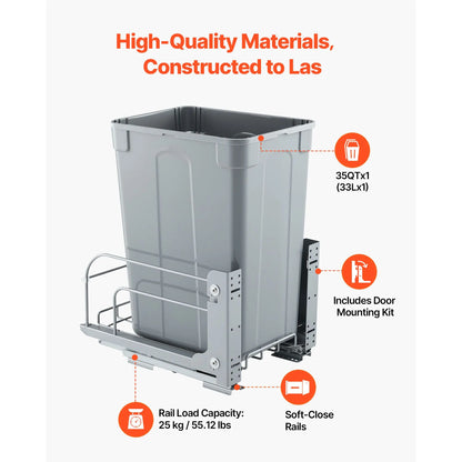 Pullout Trash Can for Kitchen Cabinets, Garbage Waste Recycling Bin, Under Mount Waste Container, with Heavy Duty Metal Soft Close Sliding System and Door Kit, for Sink, Under Counter - Image 3