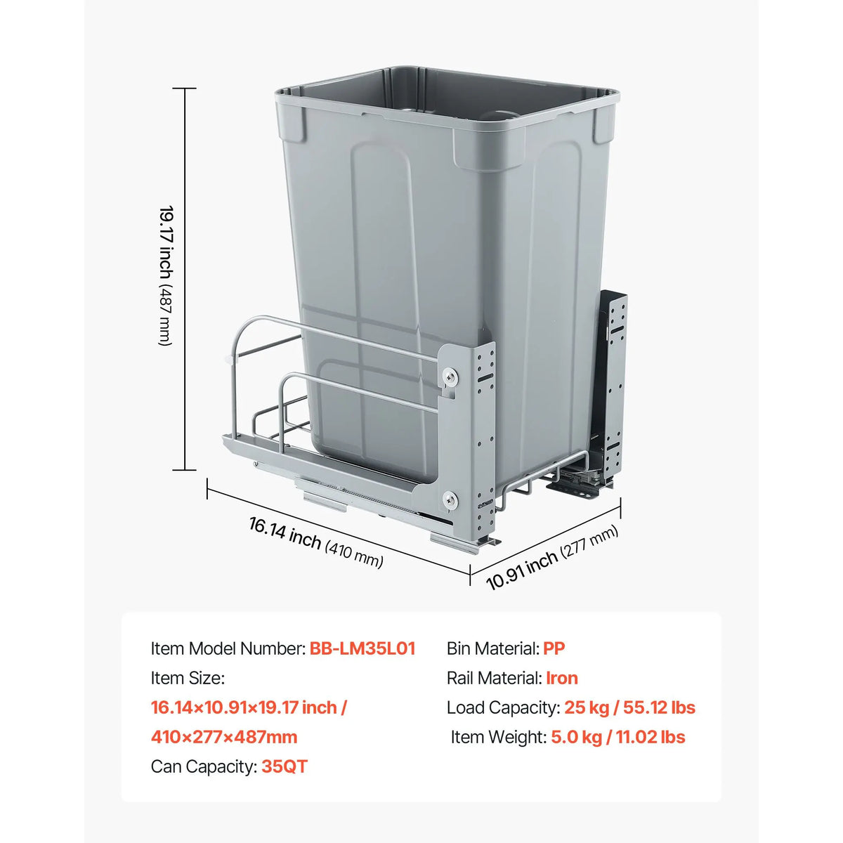 Pullout Trash Can for Kitchen Cabinets, Garbage Waste Recycling Bin, Under Mount Waste Container, with Heavy Duty Metal Soft Close Sliding System and Door Kit, for Sink, Under Counter - Image 7