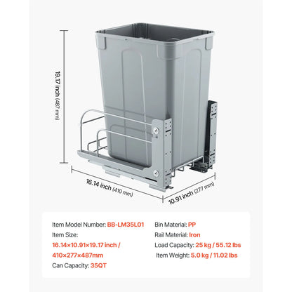 Pullout Trash Can for Kitchen Cabinets, Garbage Waste Recycling Bin, Under Mount Waste Container, with Heavy Duty Metal Soft Close Sliding System and Door Kit, for Sink, Under Counter - Image 7