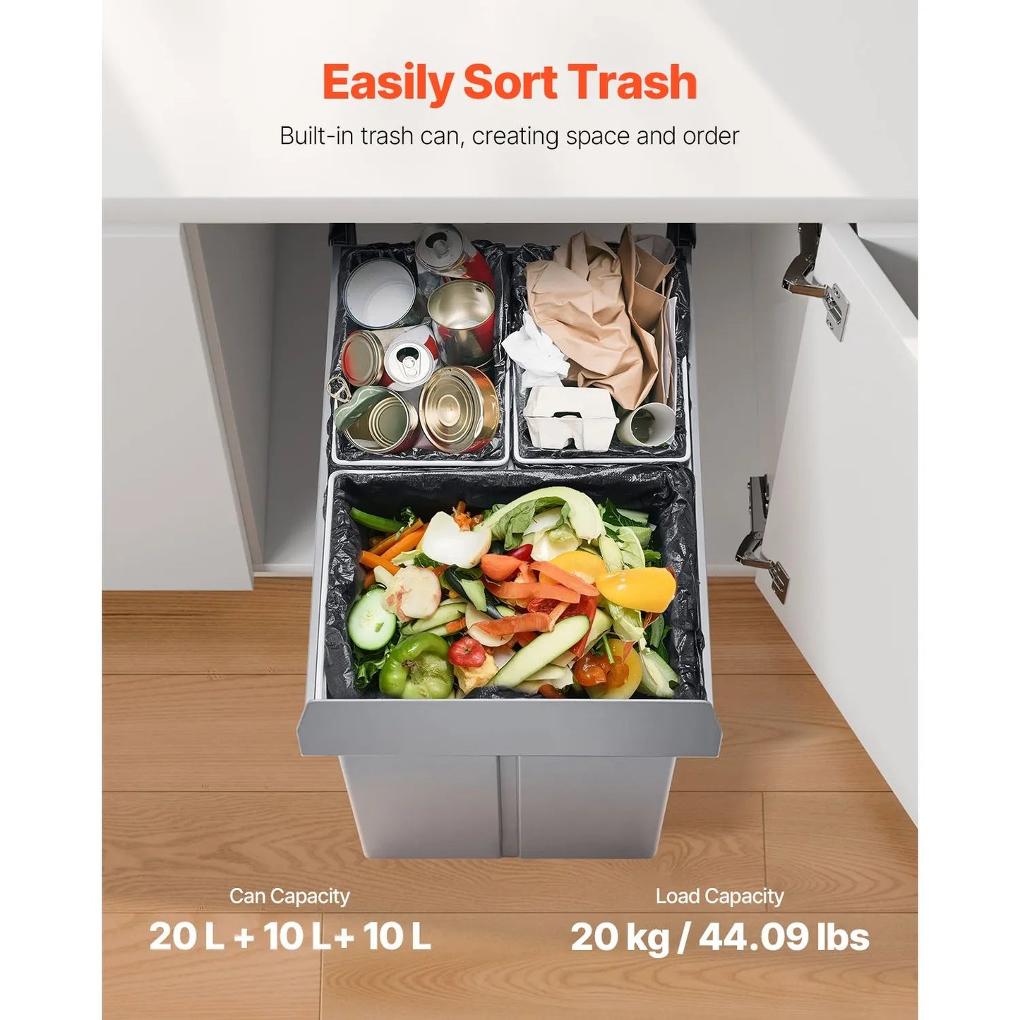 Pullout Trash Can for Kitchen Cabinets, 20+10+10L Double Under Sink Garbage Waste Recycling Bin, Under Mount Waste Container, with Heavy Duty Metal Full Extension Sliding System and Handle - Image 3