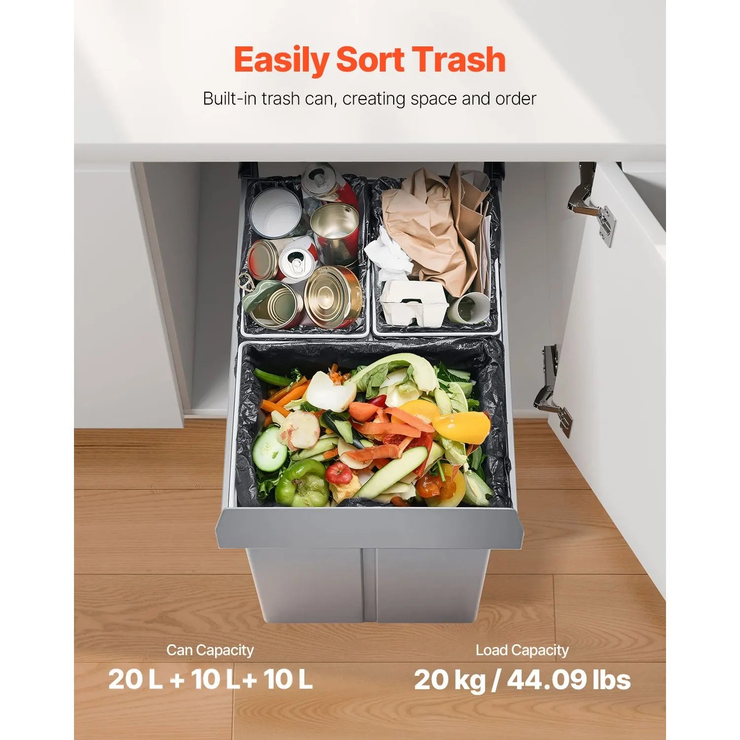 Pullout Trash Can for Kitchen Cabinets, 20+10+10L Double Under Sink Garbage Waste Recycling Bin, Under Mount Waste Container, with Heavy Duty Metal Full Extension Sliding System and Handle - Image 3