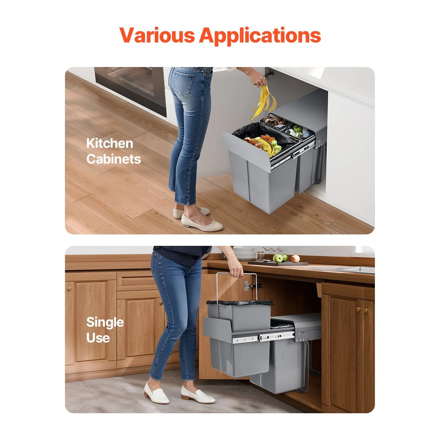 Pullout Trash Can for Kitchen Cabinets, 20+10+10L Double Under Sink Garbage Waste Recycling Bin, Under Mount Waste Container, with Heavy Duty Metal Full Extension Sliding System and Handle - Image 6