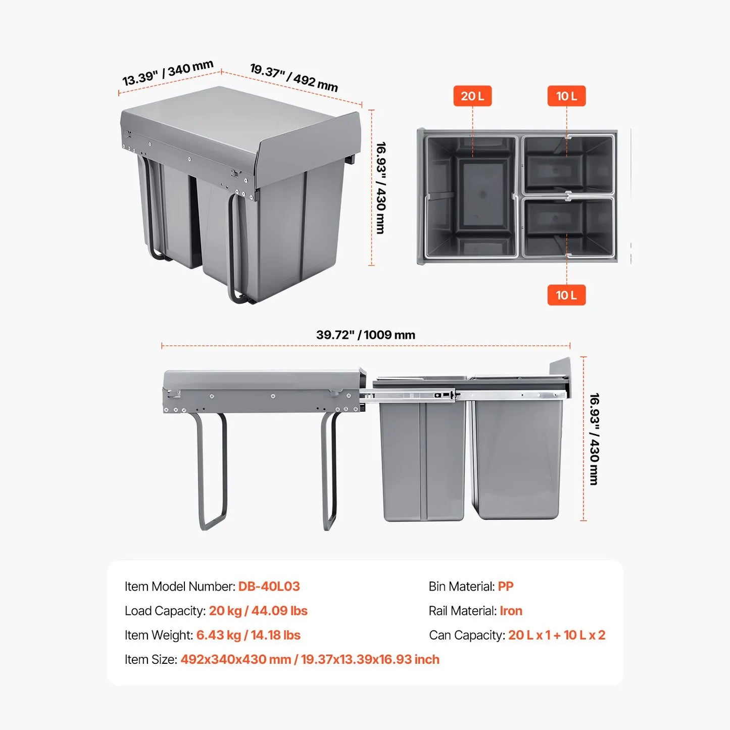 Pullout Trash Can for Kitchen Cabinets, 20+10+10L Double Under Sink Garbage Waste Recycling Bin, Under Mount Waste Container, with Heavy Duty Metal Full Extension Sliding System and Handle - Image 7