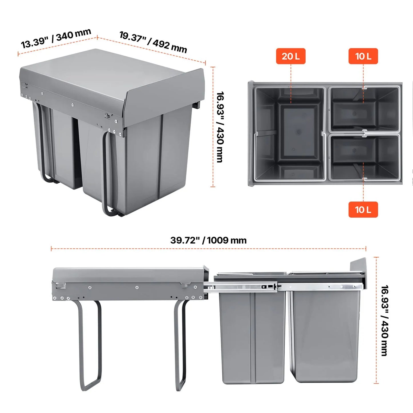 Pullout Trash Can for Kitchen Cabinets, 20+10+10L Double Under Sink Garbage Waste Recycling Bin, Under Mount Waste Container, with Heavy Duty Metal Full Extension Sliding System and Handle - Image 8