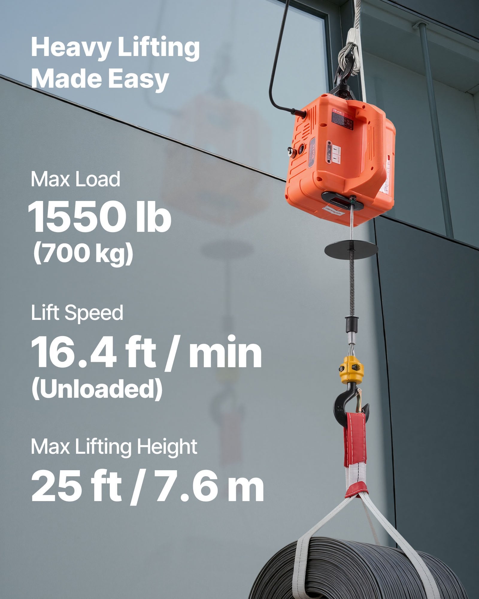 3-in-1 Electric Hoist Winch, 700 kg Capacity, 1500W Portable Power Winch Crane, 7.6 m Lifting Height, 5 m/min with Manual, Wired and Wireless Remote Control for Factory, Warehouss, Garage - Image 2