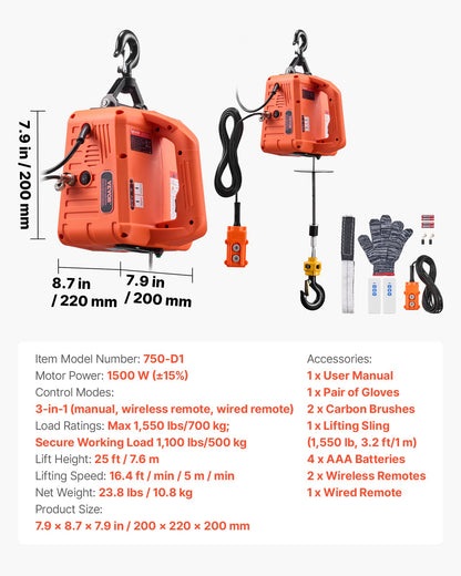3-in-1 Electric Hoist Winch, 700 kg Capacity, 1500W Portable Power Winch Crane, 7.6 m Lifting Height, 5 m/min with Manual, Wired and Wireless Remote Control for Factory, Warehouss, Garage - Image 7