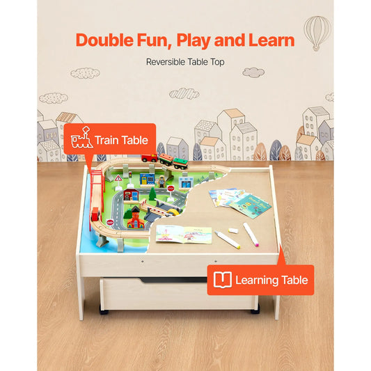 Train Table 100 PCS Wooden Kids Activity Table with Rolling Storage Drawer - Image 2