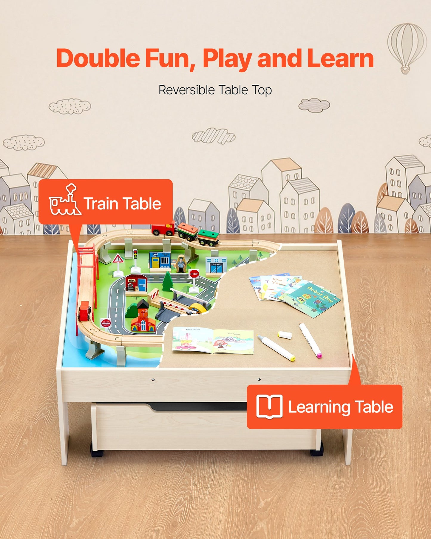 Train Table 100 PCS Wooden Kids Activity Table with Rolling Storage Drawer - Image 2