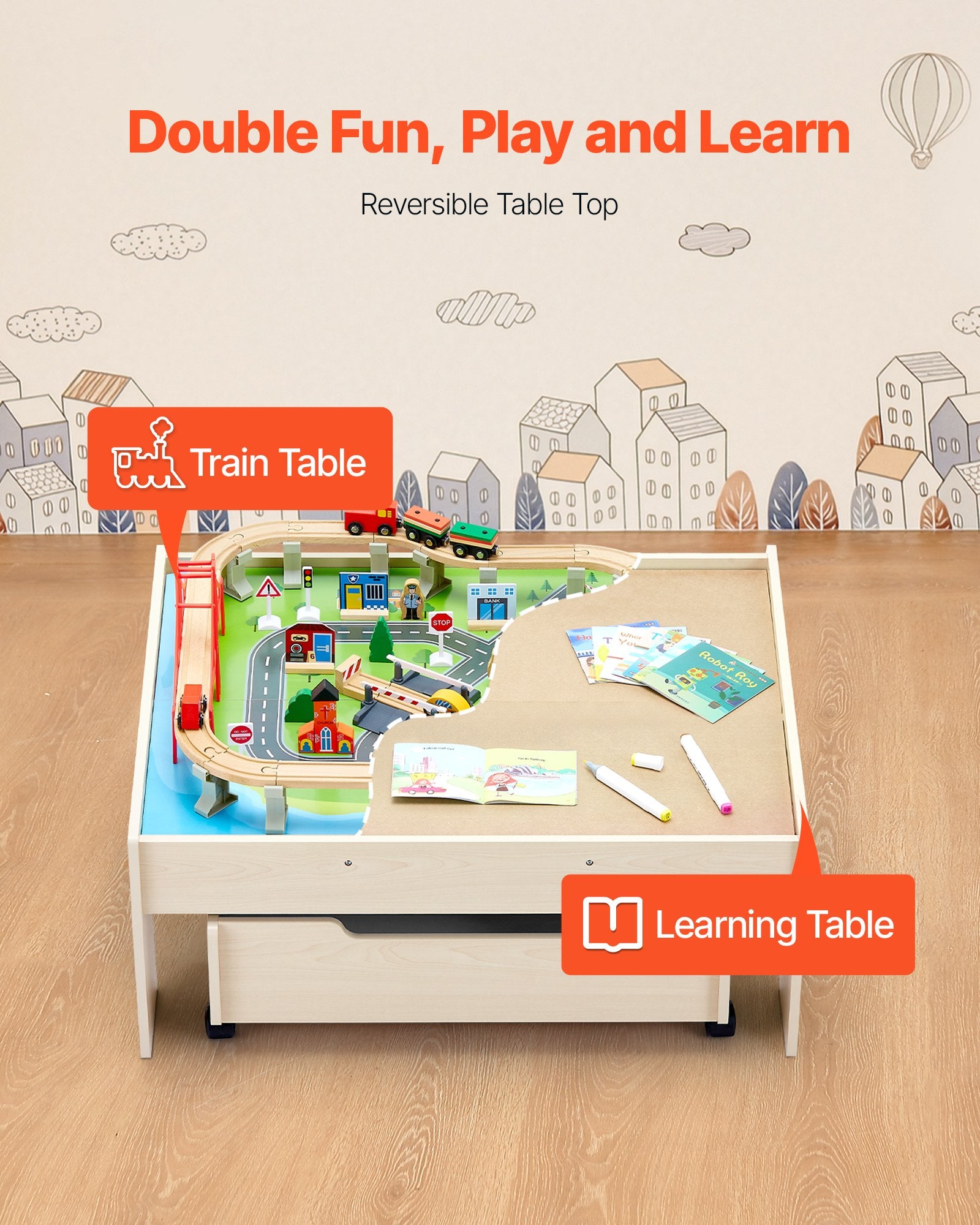 Train Table 100 PCS Wooden Kids Activity Table with Rolling Storage Drawer - Image 2