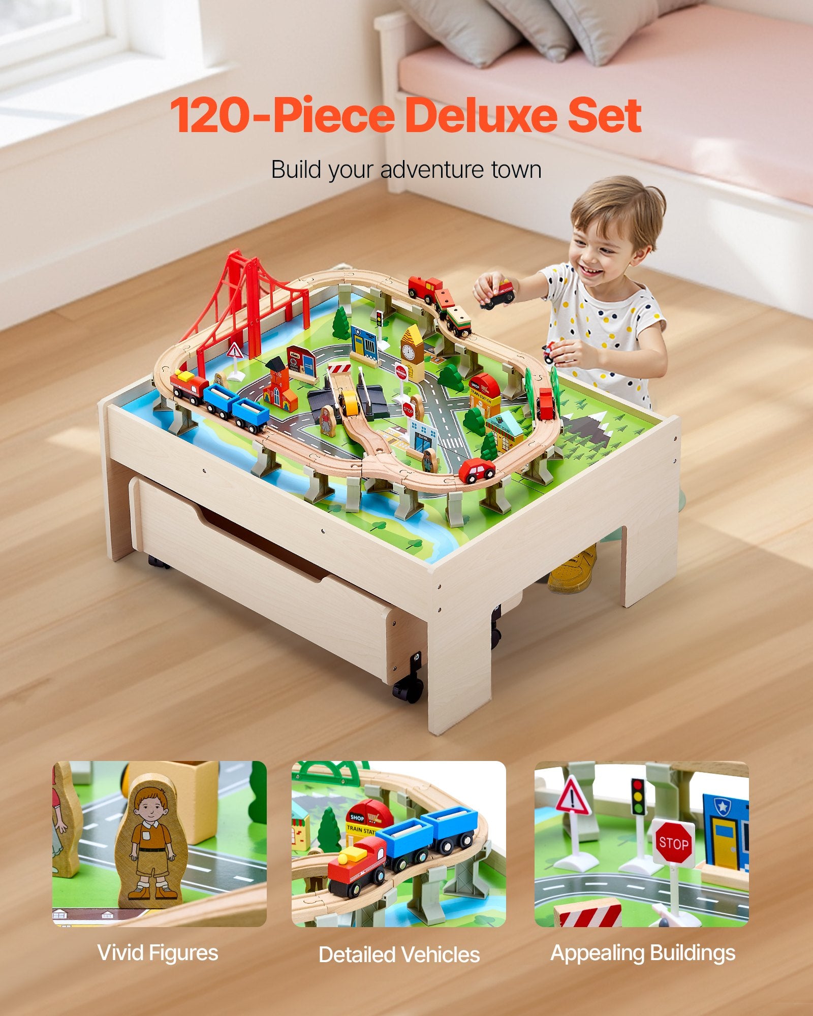 Train Table 100 PCS Wooden Kids Activity Table with Rolling Storage Drawer - Image 3