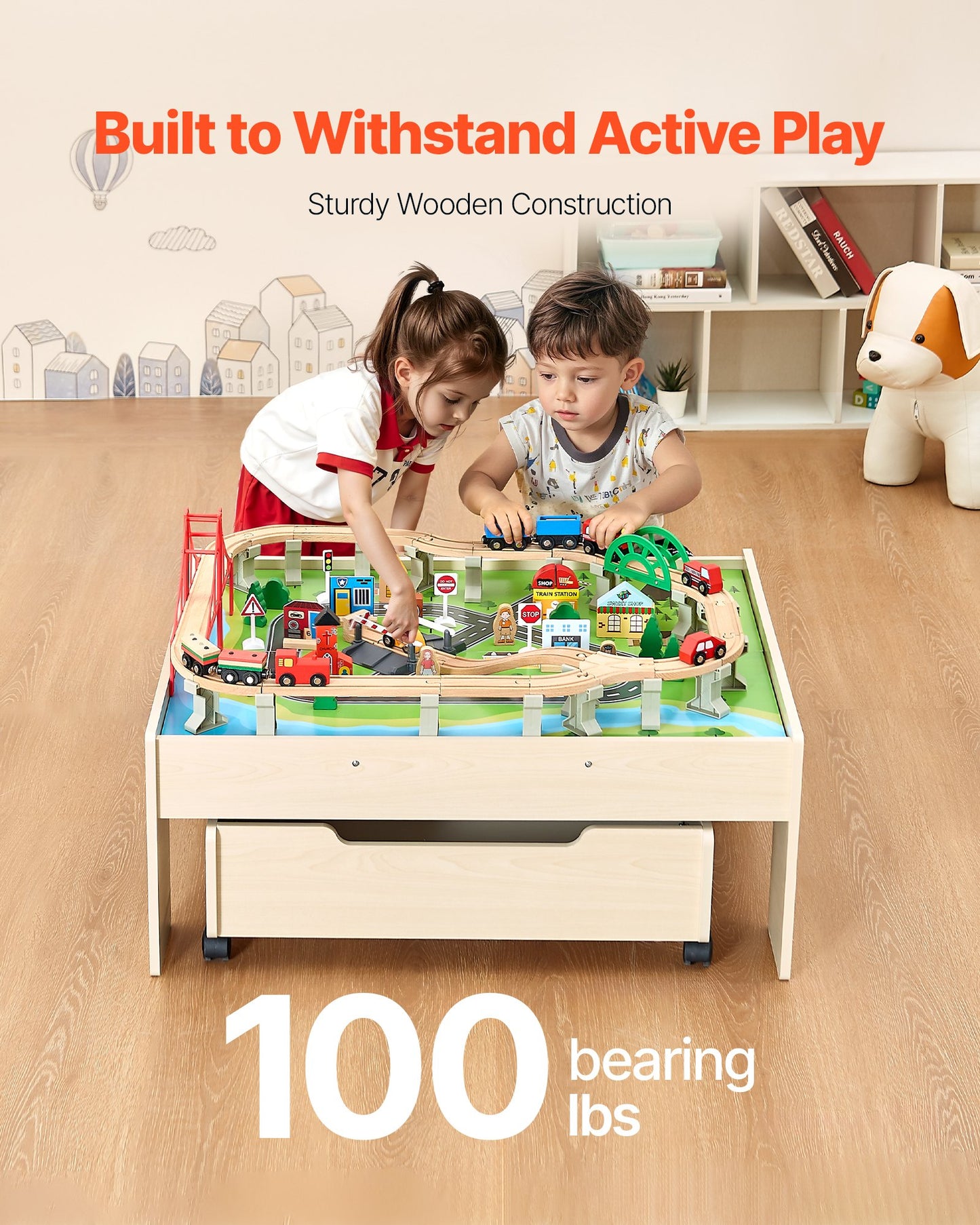 Train Table 100 PCS Wooden Kids Activity Table with Rolling Storage Drawer - Image 4