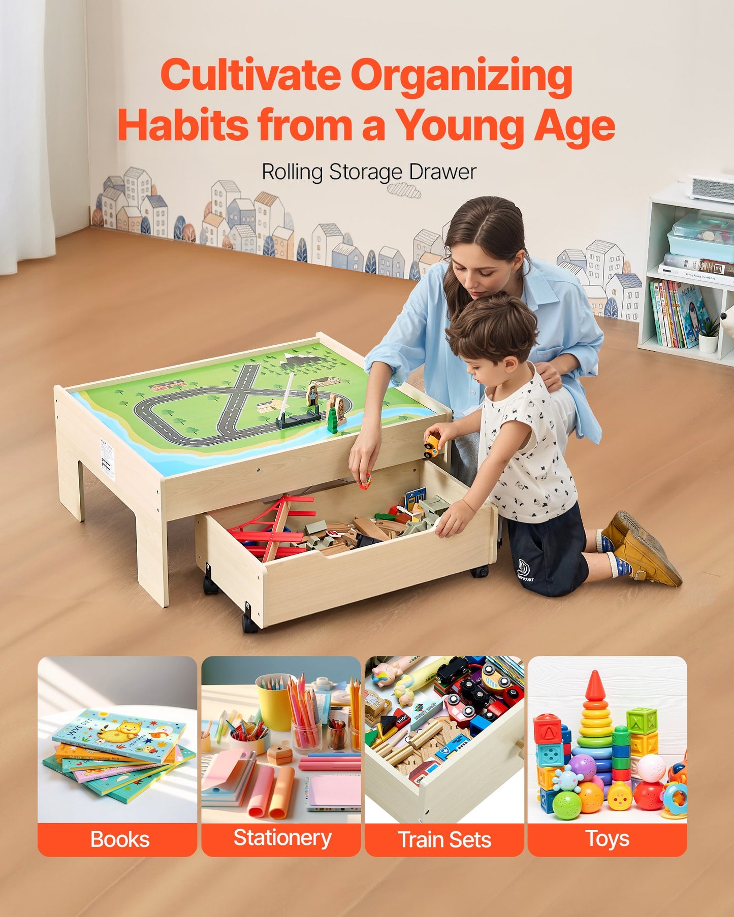 Train Table 100 PCS Wooden Kids Activity Table with Rolling Storage Drawer - Image 5