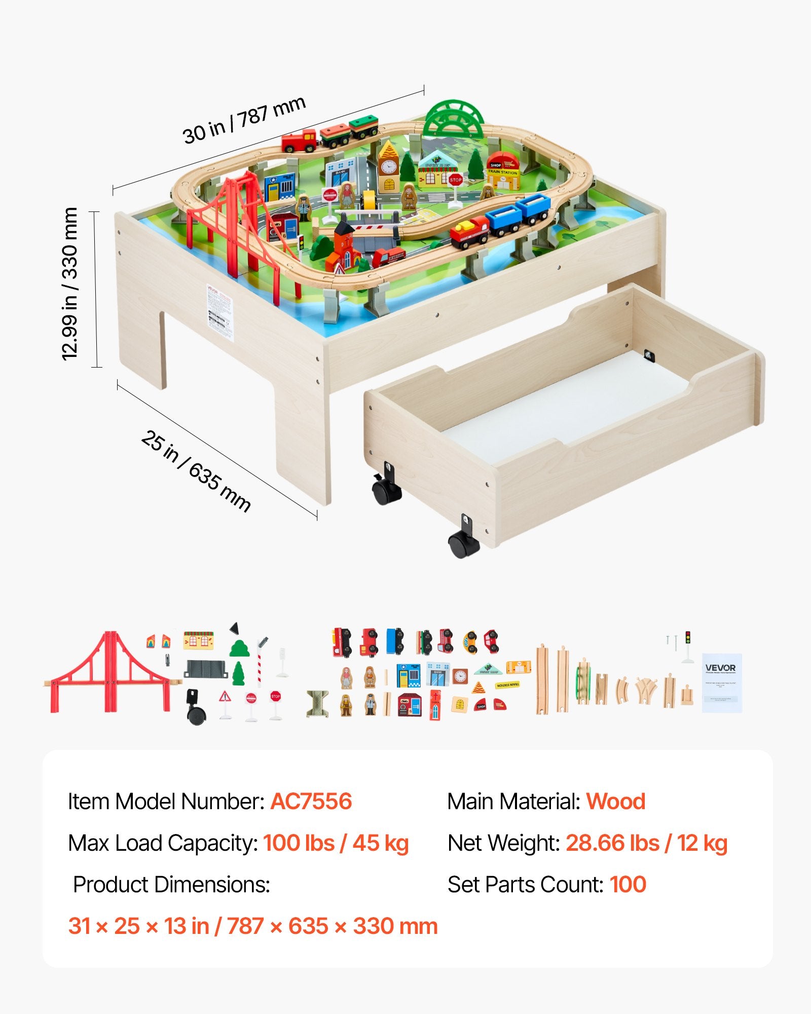 Train Table 100 PCS Wooden Kids Activity Table with Rolling Storage Drawer - Image 7