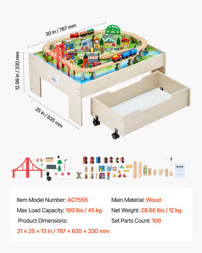 Train Table 100 PCS Wooden Kids Activity Table with Rolling Storage Drawer - Image 7