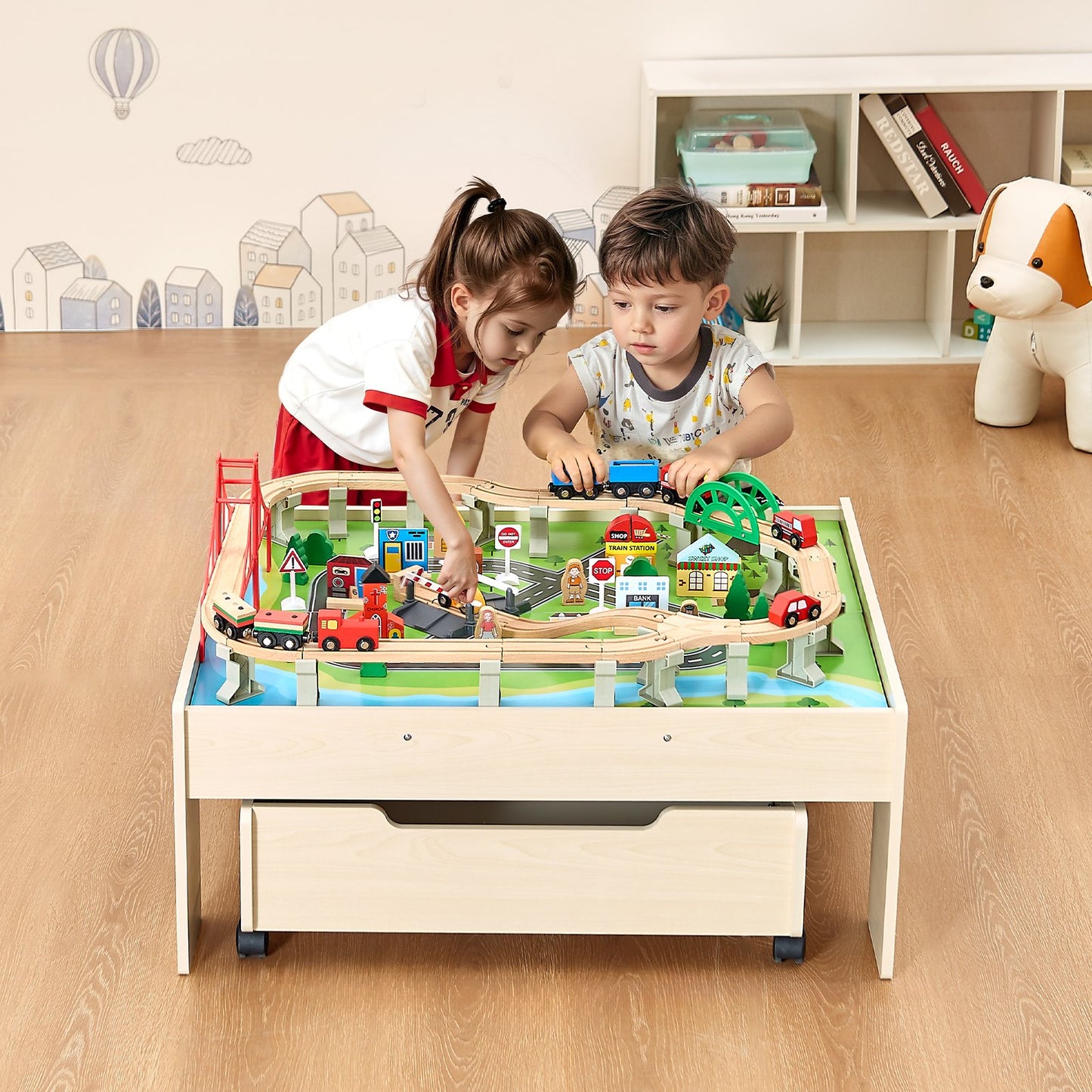 Train Table 100 PCS Wooden Kids Activity Table with Rolling Storage Drawer - Image 8