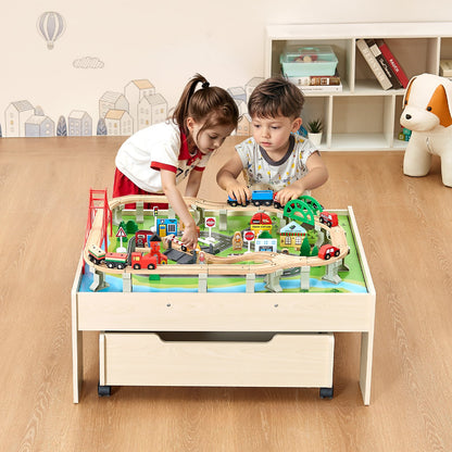 Train Table 100 PCS Wooden Kids Activity Table with Rolling Storage Drawer - Image 8