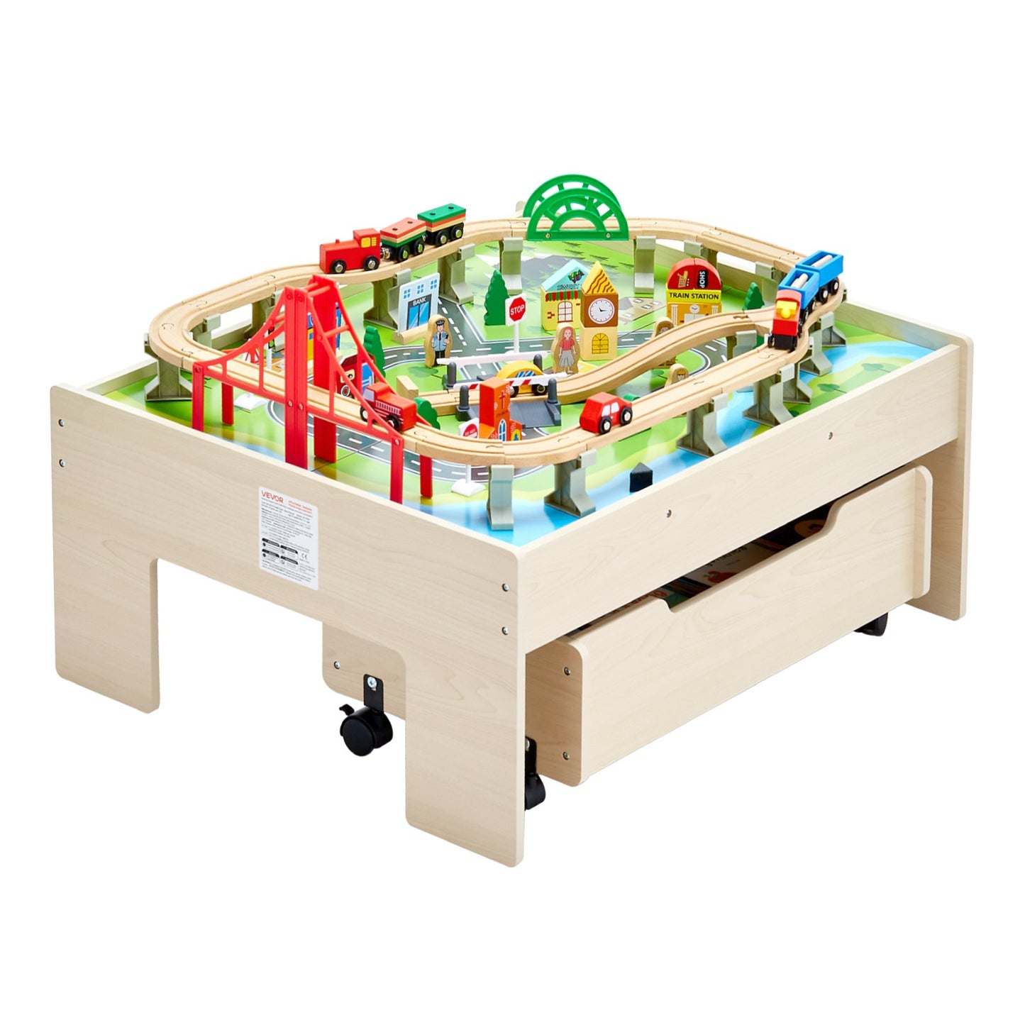 Train Table 100 PCS Wooden Kids Activity Table with Rolling Storage Drawer - Image 9