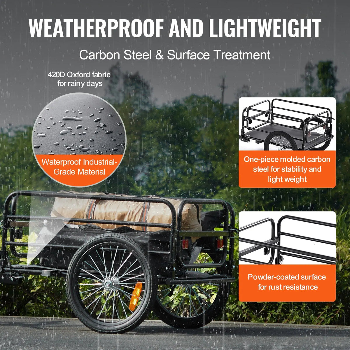 Bike Cargo Trailer, 72.5 kg Load, Heavy-Duty Bicycle Wagon Cart, Foldable Compact Storage & Quick Release with Universal Hitch, 406.4 mm Wheels, Safe Reflectors, Fits 558.8-711.2 mm Bike Wheels - Image 3