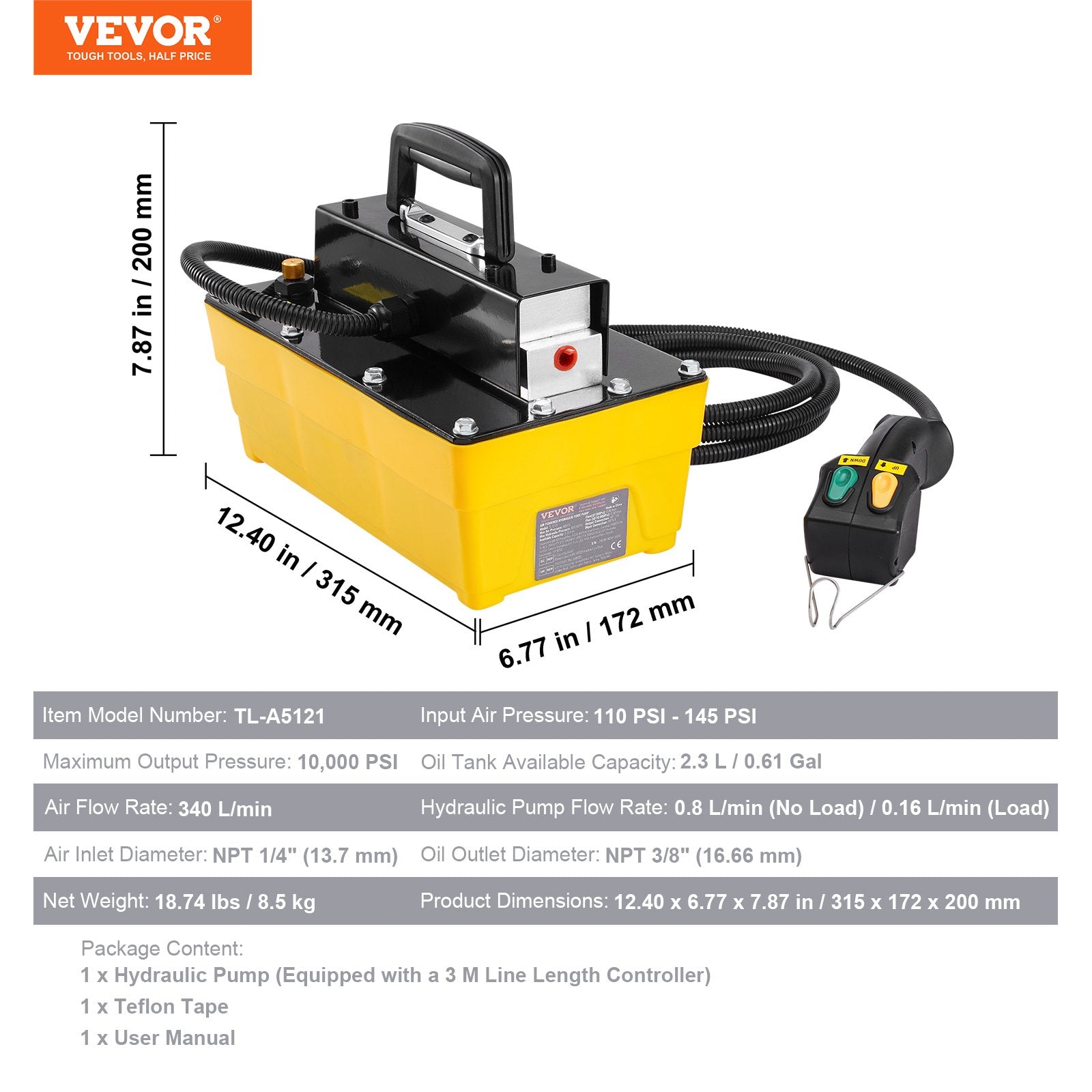 10,000PSI Air Hydraulic Pump, 2.3 L Reservoir, NPT 3/8 In Oil Outlet, NPT 1/4 In Inlet, Air Actuated Foot Pump with Remote Control Actuator, for Automobile Frame Machine & Hydraulic Press - Image 7